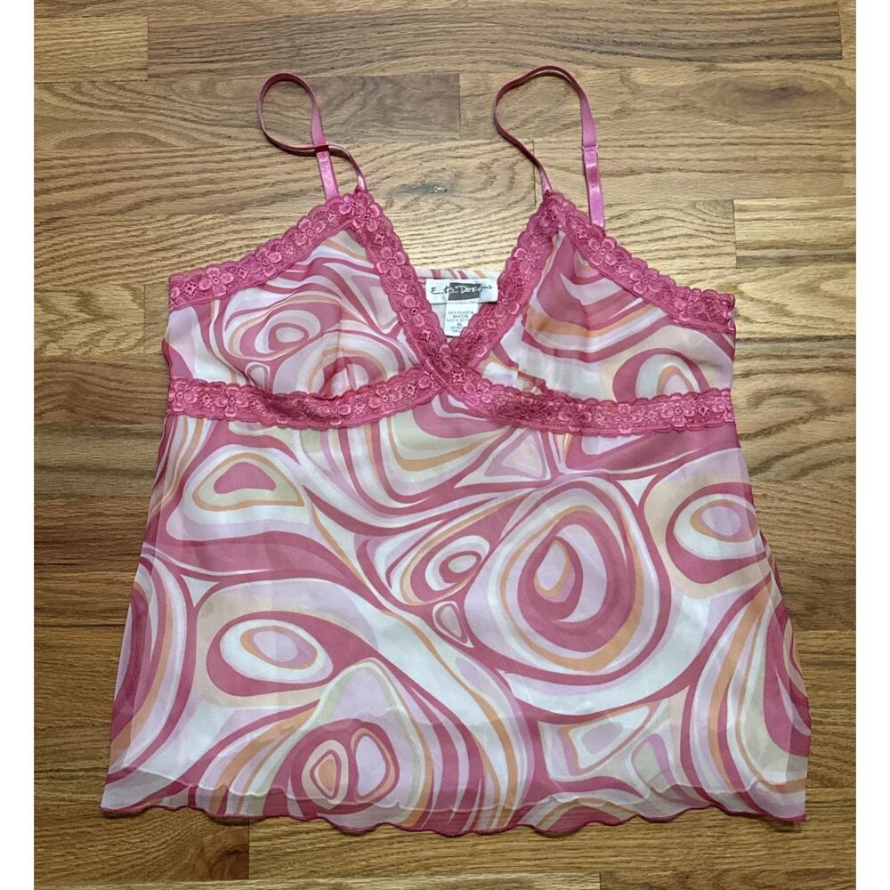 E.K. Designs Y2K Funky Swirl Pink Lace Trim Camisole Tank Top Sz XL - Picture 3 of 6